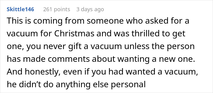 Text message about gifting a vacuum for Christmas, highlighting the importance of personal choice in husband gifts. Text message about gifting a vacuum for Christmas, highlighting the importance of personal choice in husband gifts.