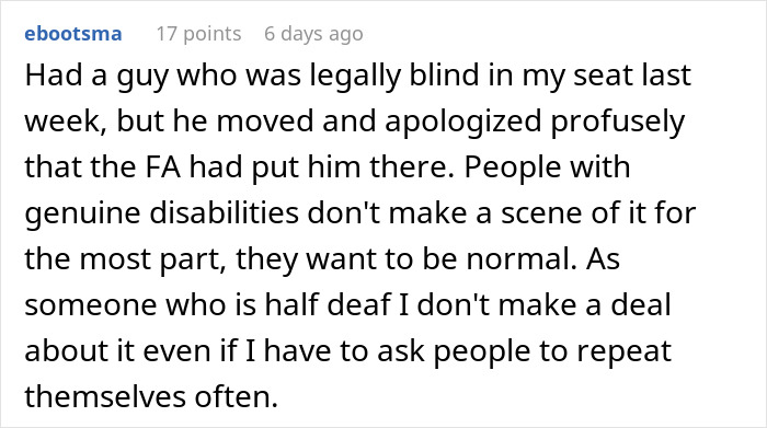 Text exchange about disabilities and seat swapping on a flight, addressing issues around claiming handicapped status. Text exchange about disabilities and seat swapping on a flight, addressing issues around claiming handicapped status.