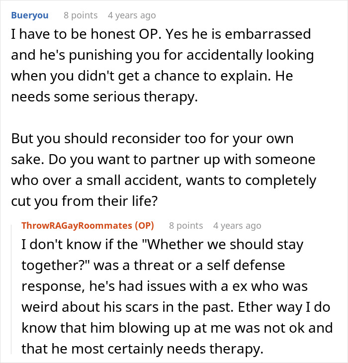 Reddit discussion about relationship issues due to a boyfriend seeing burn scars. Reddit discussion about relationship issues due to a boyfriend seeing burn scars.