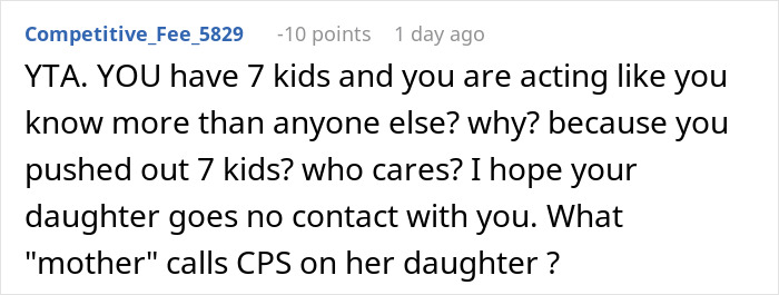 Reddit comment criticizing a mother for involving CPS in her daughter's parenting decisions. Reddit comment criticizing a mother for involving CPS in her daughter's parenting decisions.