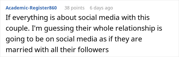 Screenshot of a comment discussing a couple's social media presence during their 4-day wedding. Screenshot of a comment discussing a couple's social media presence during their 4-day wedding.