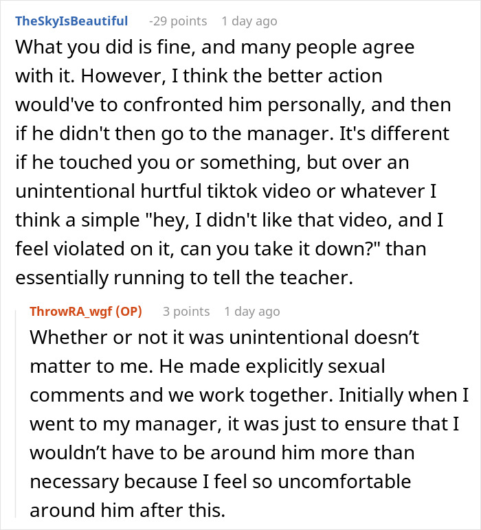 Two online comments discussing a TikTok trend involving a coworker, expressing discomfort and advice for resolution. Two online comments discussing a TikTok trend involving a coworker, expressing discomfort and advice for resolution.