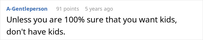Text comment advising certainty before choosing motherhood. Text comment advising certainty before choosing motherhood.