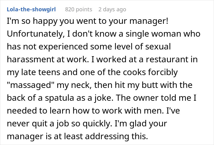 Reddit comment detailing workplace harassment experience related to internet trend involving coworker photo. Reddit comment detailing workplace harassment experience related to internet trend involving coworker photo.