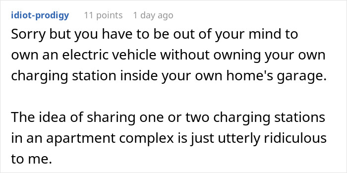 Comment criticizing Tesla drivers for lacking personal charging stations at home. Comment criticizing Tesla drivers for lacking personal charging stations at home.