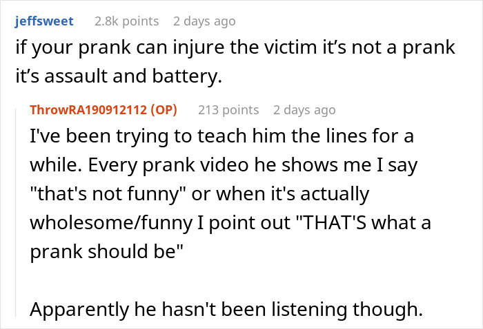 Reddit comments discussing the dangers of pranks after a husband's joke nearly risks wife's life. Reddit comments discussing the dangers of pranks after a husband's joke nearly risks wife's life.