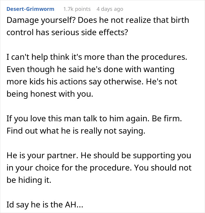 Text comment discussing sterilization and relationship issues. Text comment discussing sterilization and relationship issues.