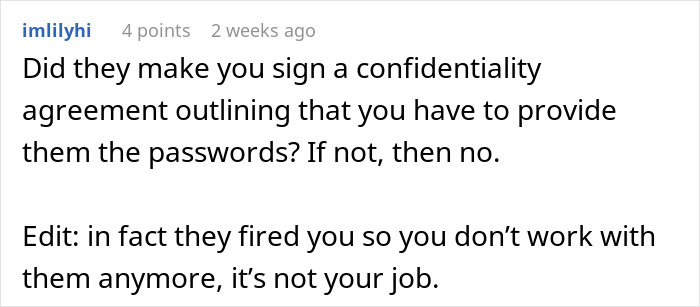 Reddit comment discusses confidentiality agreement and employee being fired, touching on company and employee relations. Reddit comment discusses confidentiality agreement and employee being fired, touching on company and employee relations.
