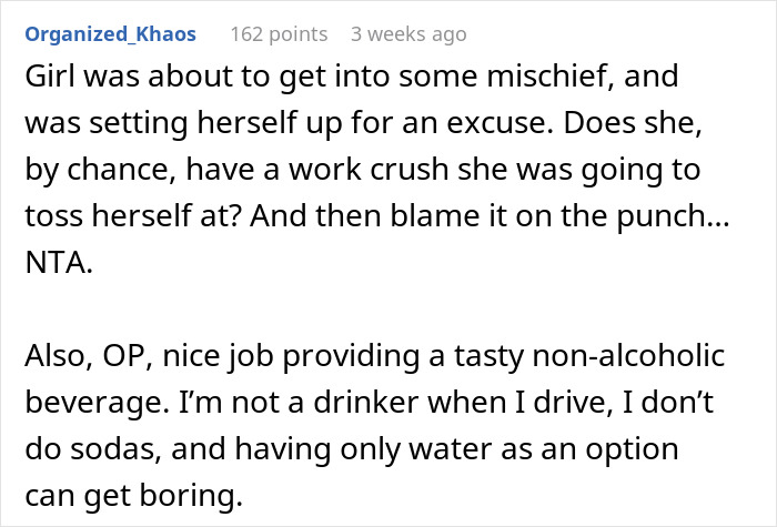 Comment discussing a work-party scenario with punch and coworker dynamics. Comment discussing a work-party scenario with punch and coworker dynamics.