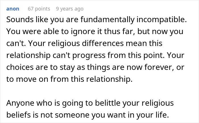 Comment about relationship challenges due to religious differences, suggesting incompatibility and choices moving forward. Comment about relationship challenges due to religious differences, suggesting incompatibility and choices moving forward.