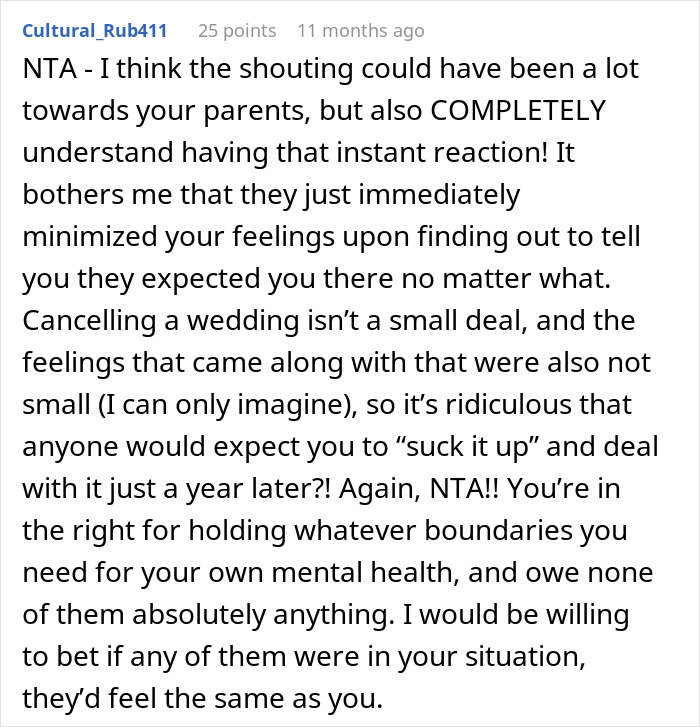 Reddit post discussing relationship dynamics, mentioning a cancelled wedding and setting boundaries for mental health. Reddit post discussing relationship dynamics, mentioning a cancelled wedding and setting boundaries for mental health.