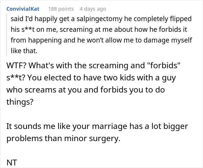 Screenshot of a Reddit comment discussing sterilizing against partner's wishes in a marriage. Screenshot of a Reddit comment discussing sterilizing against partner's wishes in a marriage.