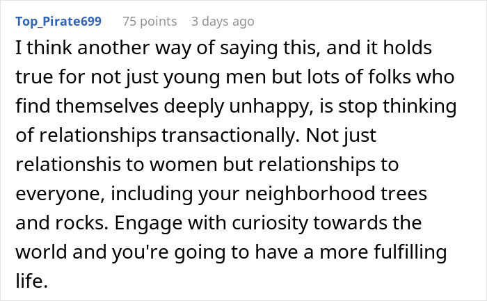 Text discussing a solution for male loneliness, suggesting non-transactional relationships to improve fulfillment. Text discussing a solution for male loneliness, suggesting non-transactional relationships to improve fulfillment.