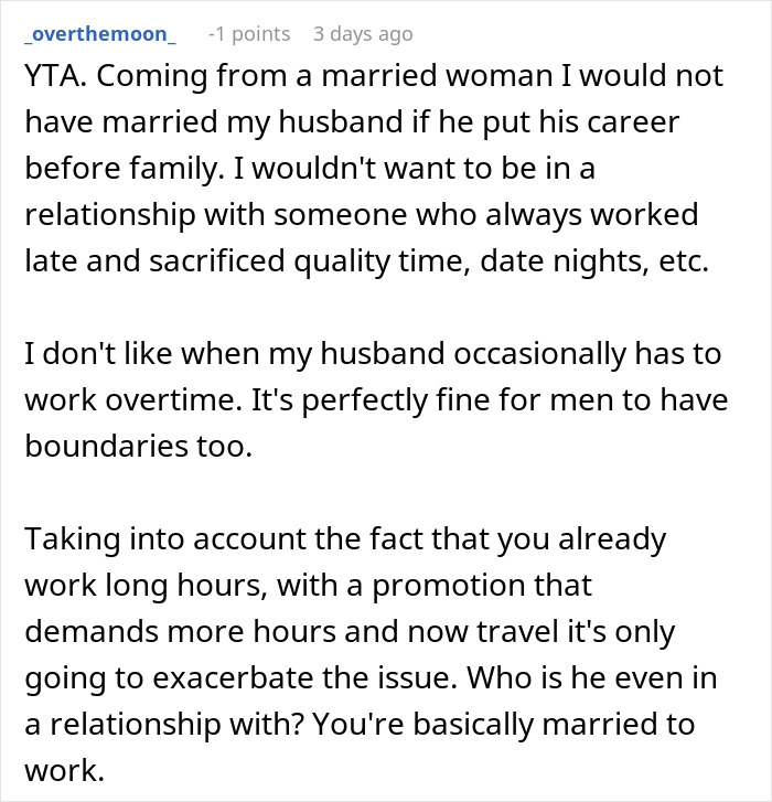 Reddit comment criticizing a person for prioritizing a promotion over family in a marriage discussion. Reddit comment criticizing a person for prioritizing a promotion over family in a marriage discussion.
