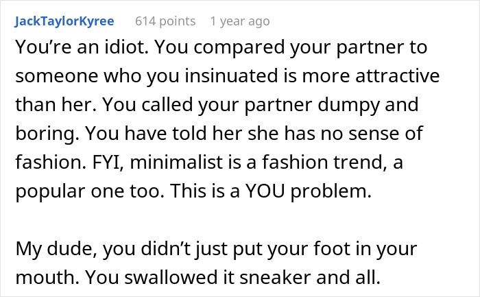 Comment criticizing a guy for calling his girlfriend boring and dumpy. Comment criticizing a guy for calling his girlfriend boring and dumpy.
