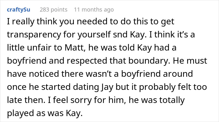 Reddit comment discussing a misunderstanding involving a woman's handsome crush due to a lie about a boyfriend. Reddit comment discussing a misunderstanding involving a woman's handsome crush due to a lie about a boyfriend.