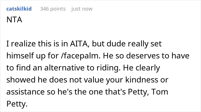 User discussing free rides and coworker's lack of appreciation in an online comment. User discussing free rides and coworker's lack of appreciation in an online comment.