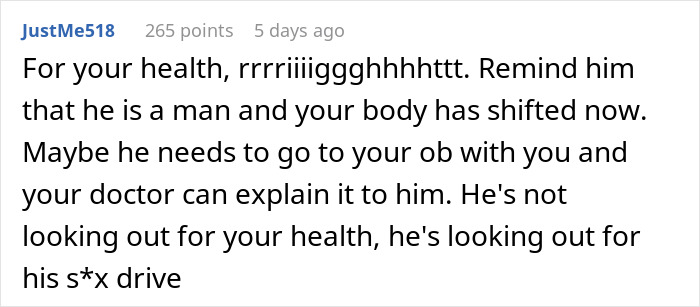 Comment discussing the husband's demand for wife to go to the gym post-pregnancy and body changes. Comment discussing the husband's demand for wife to go to the gym post-pregnancy and body changes.