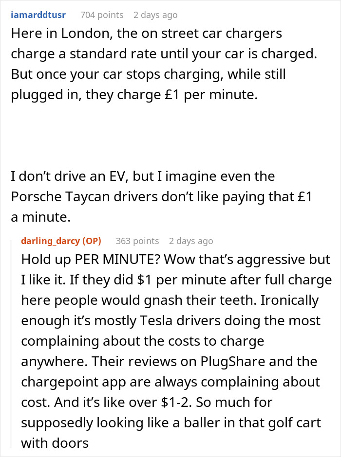 Comments discussing Tesla drivers' complaints about charging station costs in London, highlighting fees per minute. Comments discussing Tesla drivers' complaints about charging station costs in London, highlighting fees per minute.