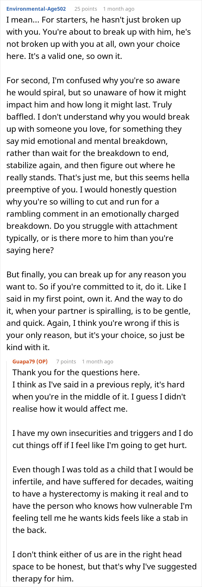 Reddit comments discussing a breakup where the boyfriend's desire for kids impacts the relationship dynamic. Reddit comments discussing a breakup where the boyfriend's desire for kids impacts the relationship dynamic.