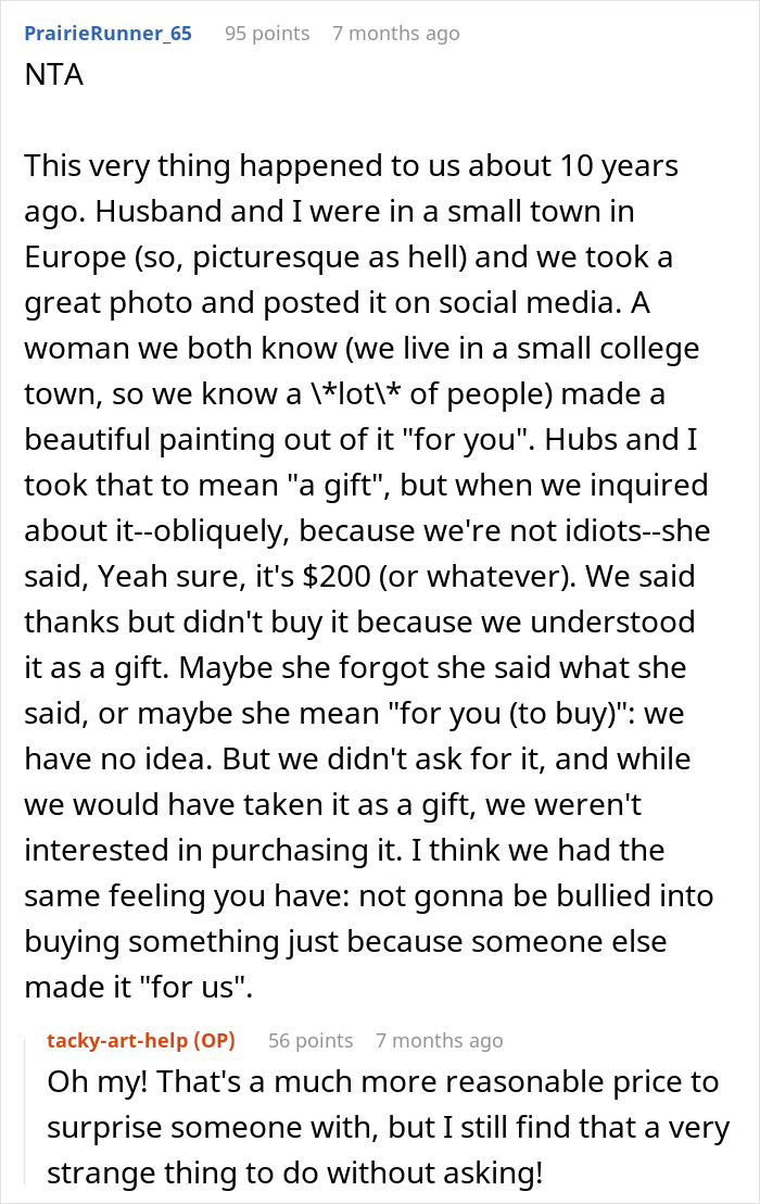 Text discusses a woman painting unrequested art, misunderstanding as a gift, and upset when buyers decline. Text discusses a woman painting unrequested art, misunderstanding as a gift, and upset when buyers decline.