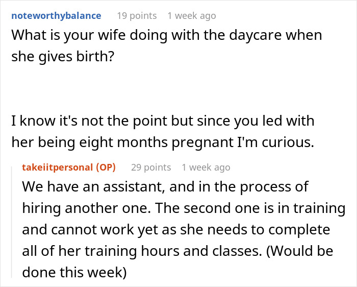 A discussion about pregnant wife childcare solutions involving daycare staffing and training plans. A discussion about pregnant wife childcare solutions involving daycare staffing and training plans.