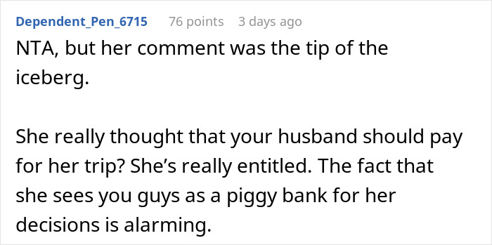Comment on entitlement in a sibling relationship, discussing financial boundaries and perceptions of wealth. Comment on entitlement in a sibling relationship, discussing financial boundaries and perceptions of wealth.