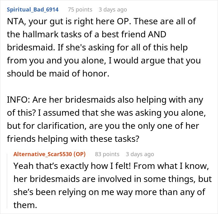 Reddit exchange discussing a friend's wedding help and bridesmaid roles. Reddit exchange discussing a friend's wedding help and bridesmaid roles.