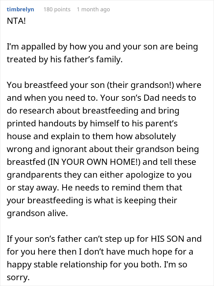 Comment discussing breastfeeding son around father-in-law, expressing support and highlighting family tensions. Comment discussing breastfeeding son around father-in-law, expressing support and highlighting family tensions.