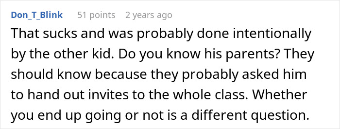 Reddit comment discussing a child excluded from a birthday party, suggesting intentional exclusion. Reddit comment discussing a child excluded from a birthday party, suggesting intentional exclusion.