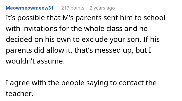 Text from a forum discussing a child's exclusion from a classmate's birthday party. Text from a forum discussing a child's exclusion from a classmate's birthday party.