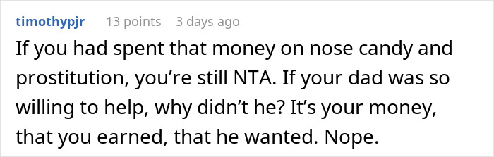 Comment discussing refusal to lend money, emphasizing personal financial autonomy. Comment discussing refusal to lend money, emphasizing personal financial autonomy.