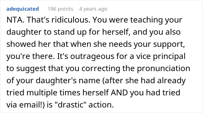 Comment about a dad supporting his daughter in correcting her name pronunciation with a teacher. Comment about a dad supporting his daughter in correcting her name pronunciation with a teacher.