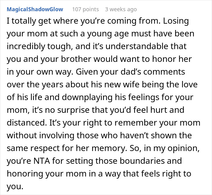 Reddit comment discussing honoring one's mom on the anniversary of her passing, showing empathy and setting boundaries. Reddit comment discussing honoring one's mom on the anniversary of her passing, showing empathy and setting boundaries.
