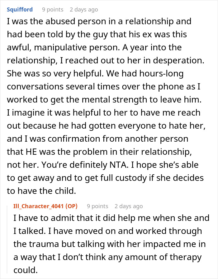 Reddit comment on woman warning ex’s wife about his criminal record, discussing past abuse experiences. Reddit comment on woman warning ex’s wife about his criminal record, discussing past abuse experiences.