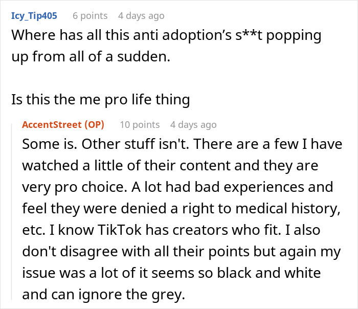 Text exchange discussing anti-adoption views, medical history rights, and pro-life topics on a digital platform. Text exchange discussing anti-adoption views, medical history rights, and pro-life topics on a digital platform.