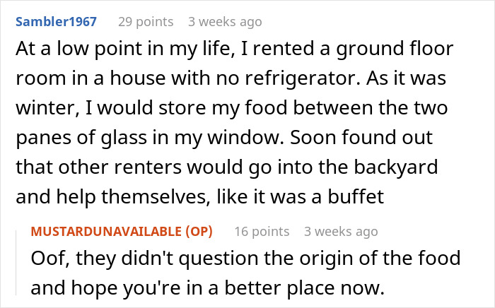 Reddit thread discussing a person's experience with roommates allegedly taking food stored between window panes. Reddit thread discussing a person's experience with roommates allegedly taking food stored between window panes.