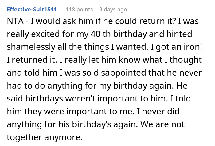 A text exchange about a husband gifting a vacuum to his wife, leading to disappointment and relationship issues. A text exchange about a husband gifting a vacuum to his wife, leading to disappointment and relationship issues.
