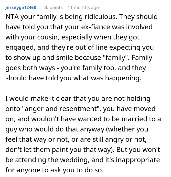 Reddit comment addressing family dynamics about a guy marrying his ex-girlfriend's cousin. Reddit comment addressing family dynamics about a guy marrying his ex-girlfriend's cousin.