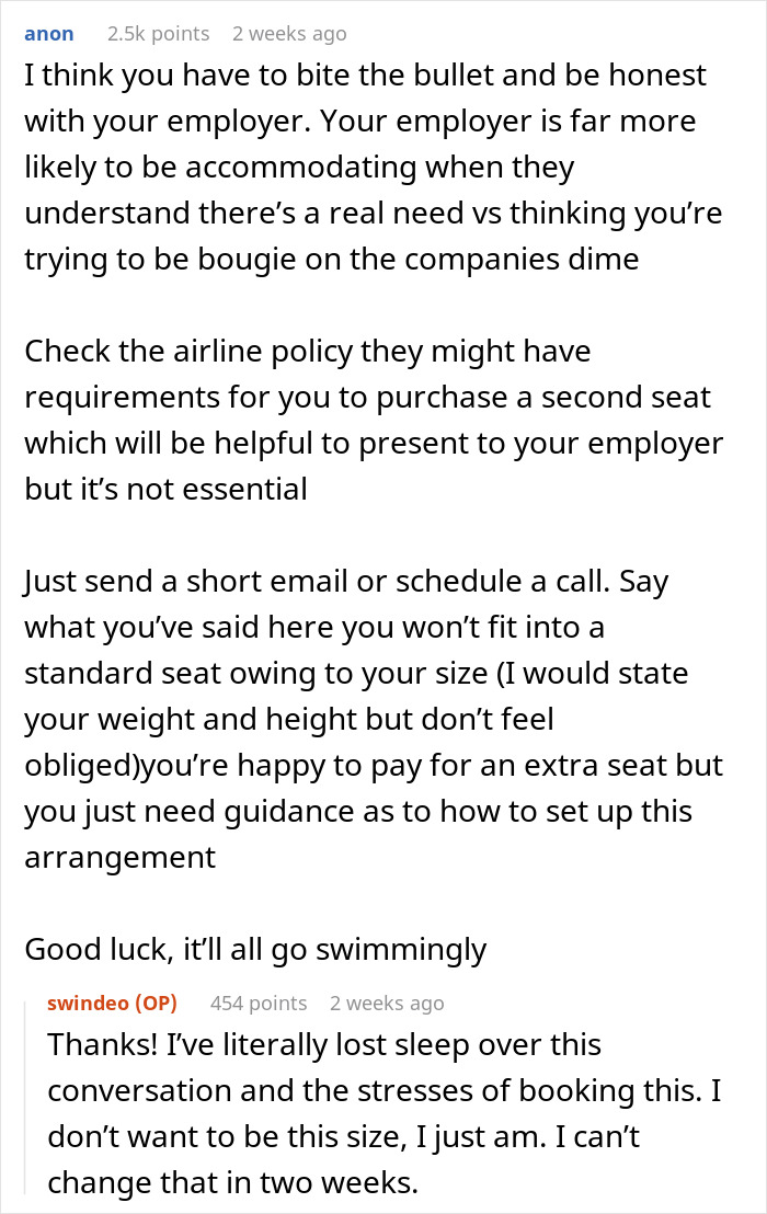 Text exchange discussing travel seating challenges for a new hire needing extra space. Text exchange discussing travel seating challenges for a new hire needing extra space.