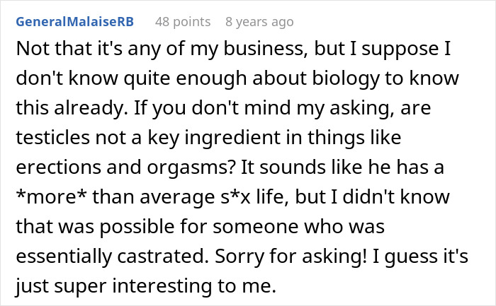 Comment discussing biology-related question about infertility and relationships. Comment discussing biology-related question about infertility and relationships.