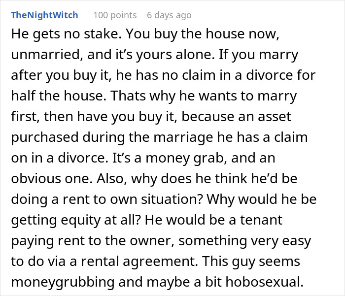 Text exchange about property buying and relationship implications. Text exchange about property buying and relationship implications.