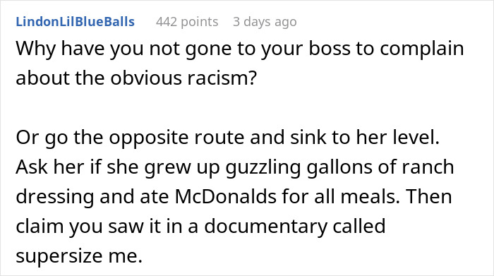 Text from a social media comment discussing coworker cooking and cultural insensitivity. Text from a social media comment discussing coworker cooking and cultural insensitivity.