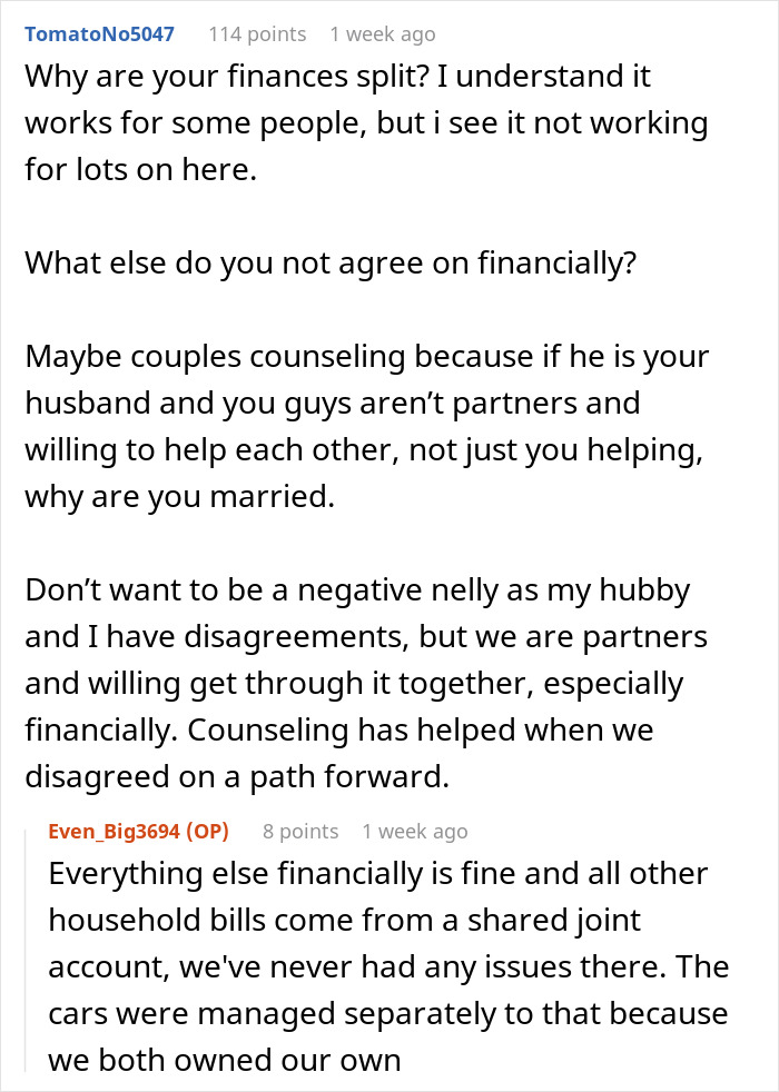 Comments discuss whether a husband should pay half of a wife's car bills, touching on financial partnerships. Comments discuss whether a husband should pay half of a wife's car bills, touching on financial partnerships.