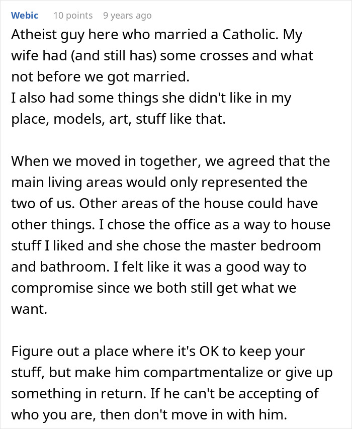 Text discussing relationship compromises related to choosing religion over personal preferences. Text discussing relationship compromises related to choosing religion over personal preferences.