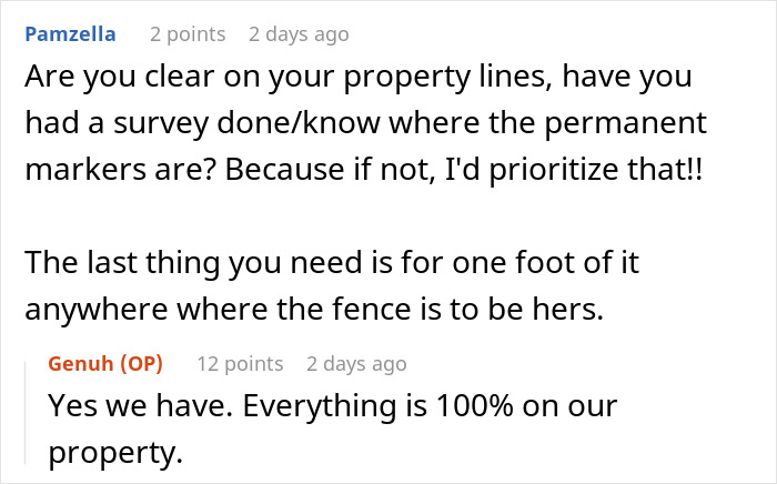 Reddit comments discussing property lines and a fence with concerns about placement in an OCD context. Reddit comments discussing property lines and a fence with concerns about placement in an OCD context.