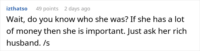 Comment mocking a woman trying to enter a mall early with guards, questioning her importance. Comment mocking a woman trying to enter a mall early with guards, questioning her importance.