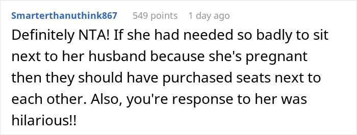 Reddit comment discussing refusal to give up a plane seat for a rude pregnant woman. Reddit comment discussing refusal to give up a plane seat for a rude pregnant woman.