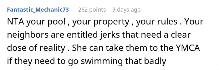 Text response discussing pool ownership and neighbor issues, stating the pool is private property. Text response discussing pool ownership and neighbor issues, stating the pool is private property.