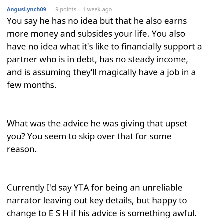 Comment discussing lack of financial understanding; mentions trust fund, inheritance, and financial support in relationships. Comment discussing lack of financial understanding; mentions trust fund, inheritance, and financial support in relationships.